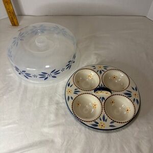 Temptations by Tara Old World Poached Egg Blue Floral Bakeware Dish w/Cover